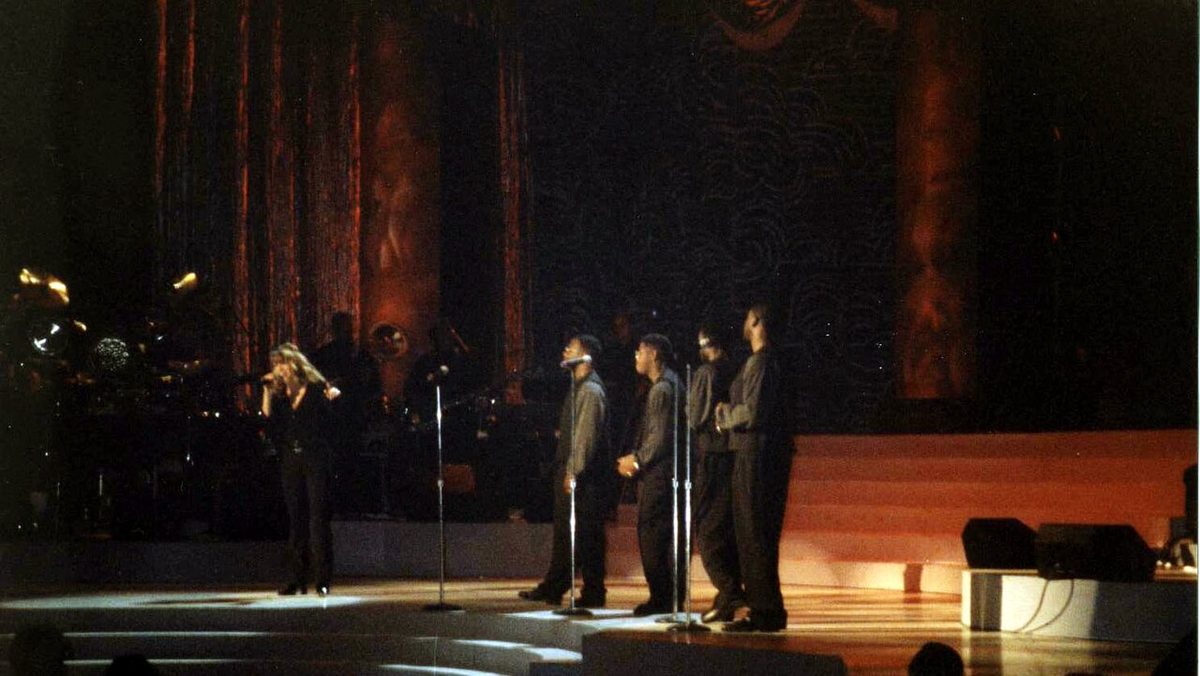 Stage view of Mariah Carey performing with Boyz II Men at Madison Square Garden in 1995