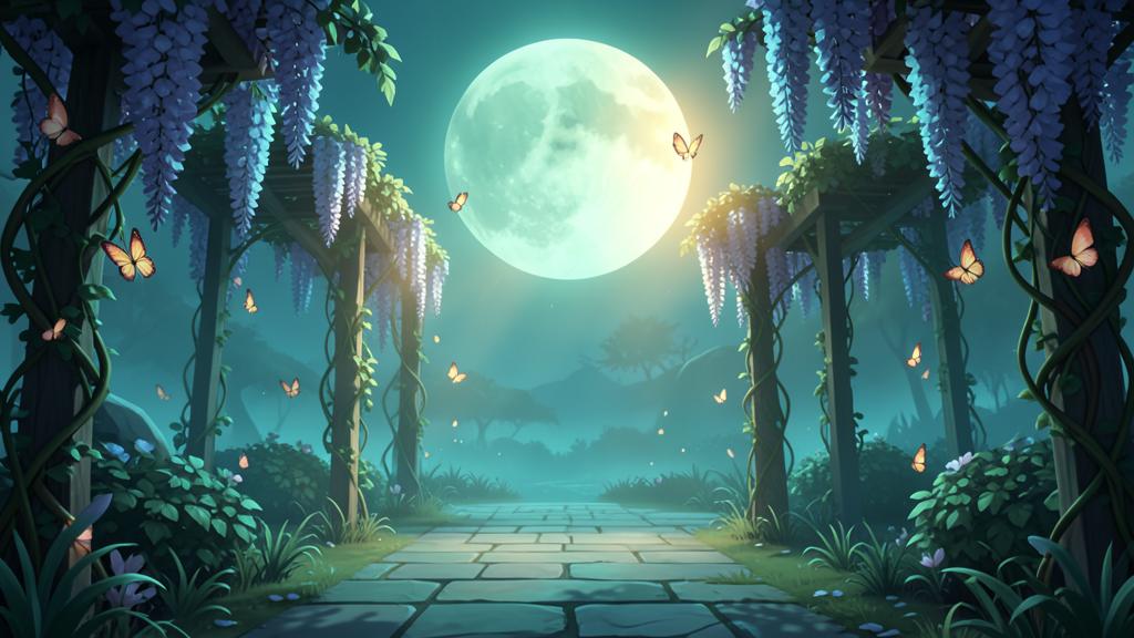 Original illustrated scene for Velvet Cage Garden: Golden garden at dusk.