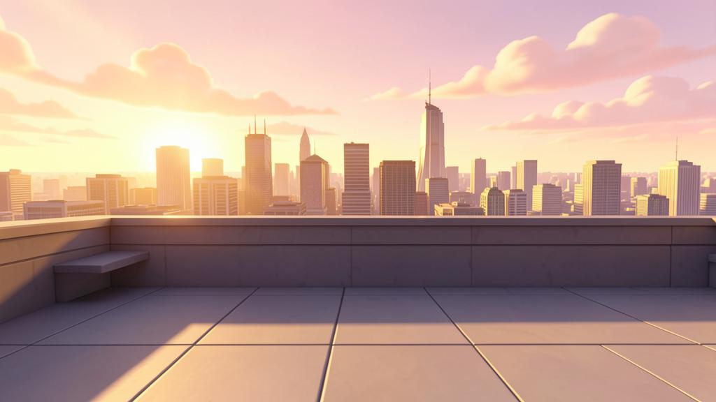 Original illustrated scene for Remix Rooftop: Violet rooftop dreamscape.
