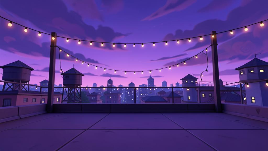 Original illustrated scene for Rooftop Octave: Amber rooftop at golden hour.