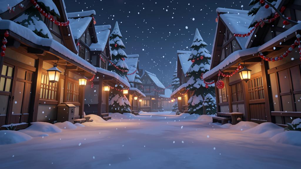 Original illustrated scene for Defrosting Season: Snowy village square.