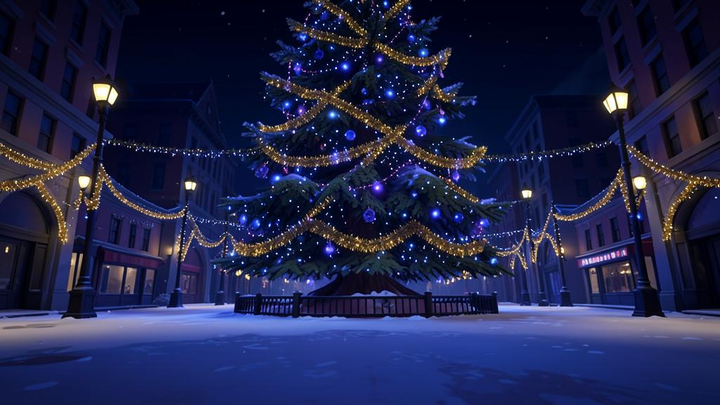 Original illustrated scene for Midnight Tinsel: Midnight snow village.