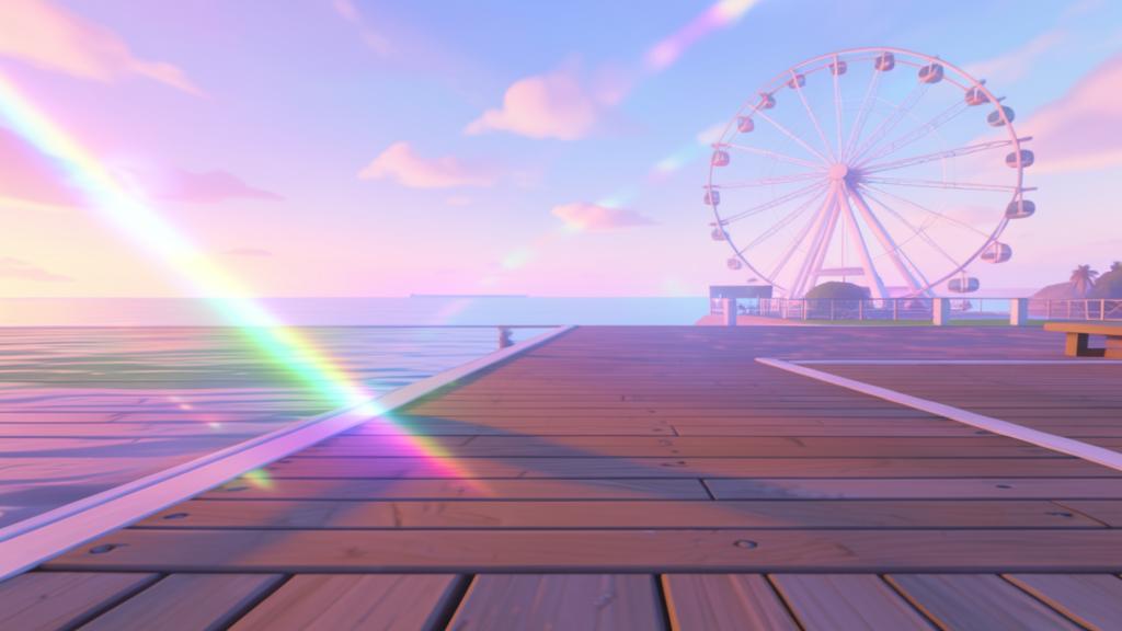 Original illustrated scene for Boardwalk Prism: Pastel seaside boardwalk.